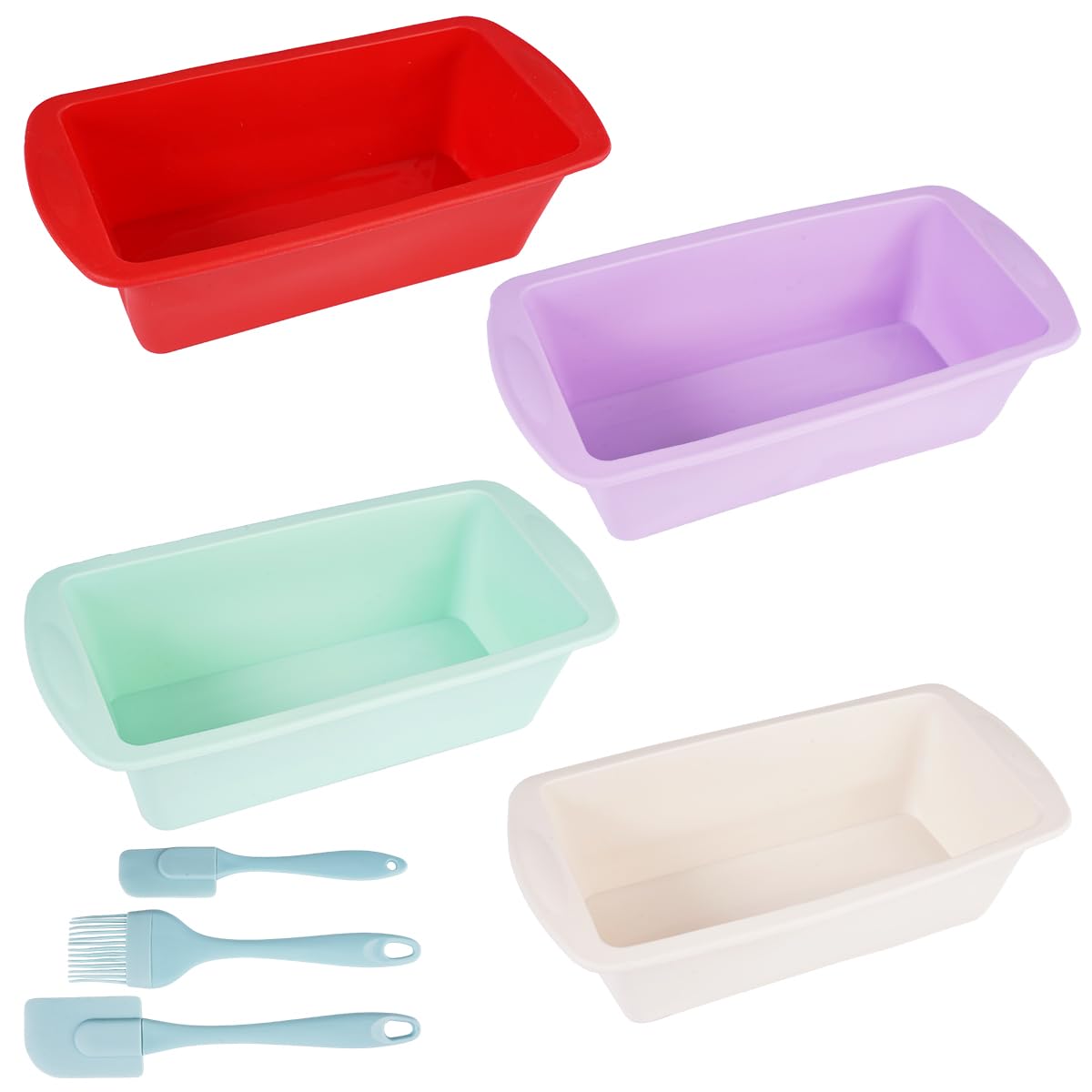 4 Piezas Rectangular Molde Silicona Horno, 19,2 x 9,5 x 5,5 cm Moldes de Silicona para Hornear Pan, Reutilizable Molde Bizcocho Antiadherente con Raspador de Masa para Hacer Pan, Pasteles, Tostadas