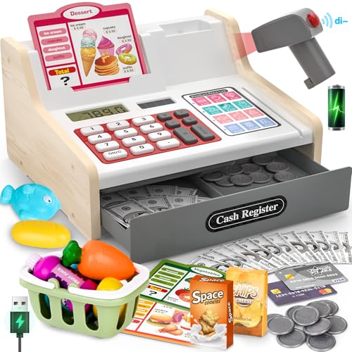 Upgrade Wooden Cash Register Toy for Kids, Pretend Play Counting Toys Cashier Register for Kids with Sound, Credit Card & Fake Money Learning Toy, Brithday Party Gift for Toddler Boy Girl, Age 3 4 5 6