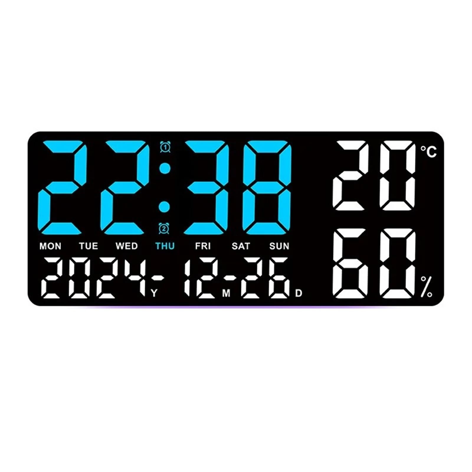 LADFRTYU Atomic Digital Wall Clock Large Digital Wall Clock With 7Colors Mood Light 2 Alarm TEMP Humidity Date Table 12/24H Timing Countdown LED(BBL)