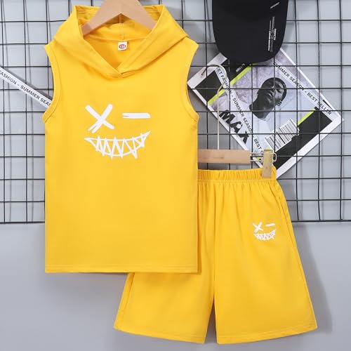Image of Kids Boys Summer 2PCS Outfits Sleeveless Hooded Loose Casual Top Shirt and Elastic High Waist Sports Short Pant Set