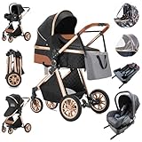 Zkiprm 3 in 1 Baby Stroller, Stroller Combo with One Click Folding, Infant Carrier, Adjustable Bassinet, Reversible Seat, Ultra-light Aluminum Frame, Sunshade, Bag (gold black)