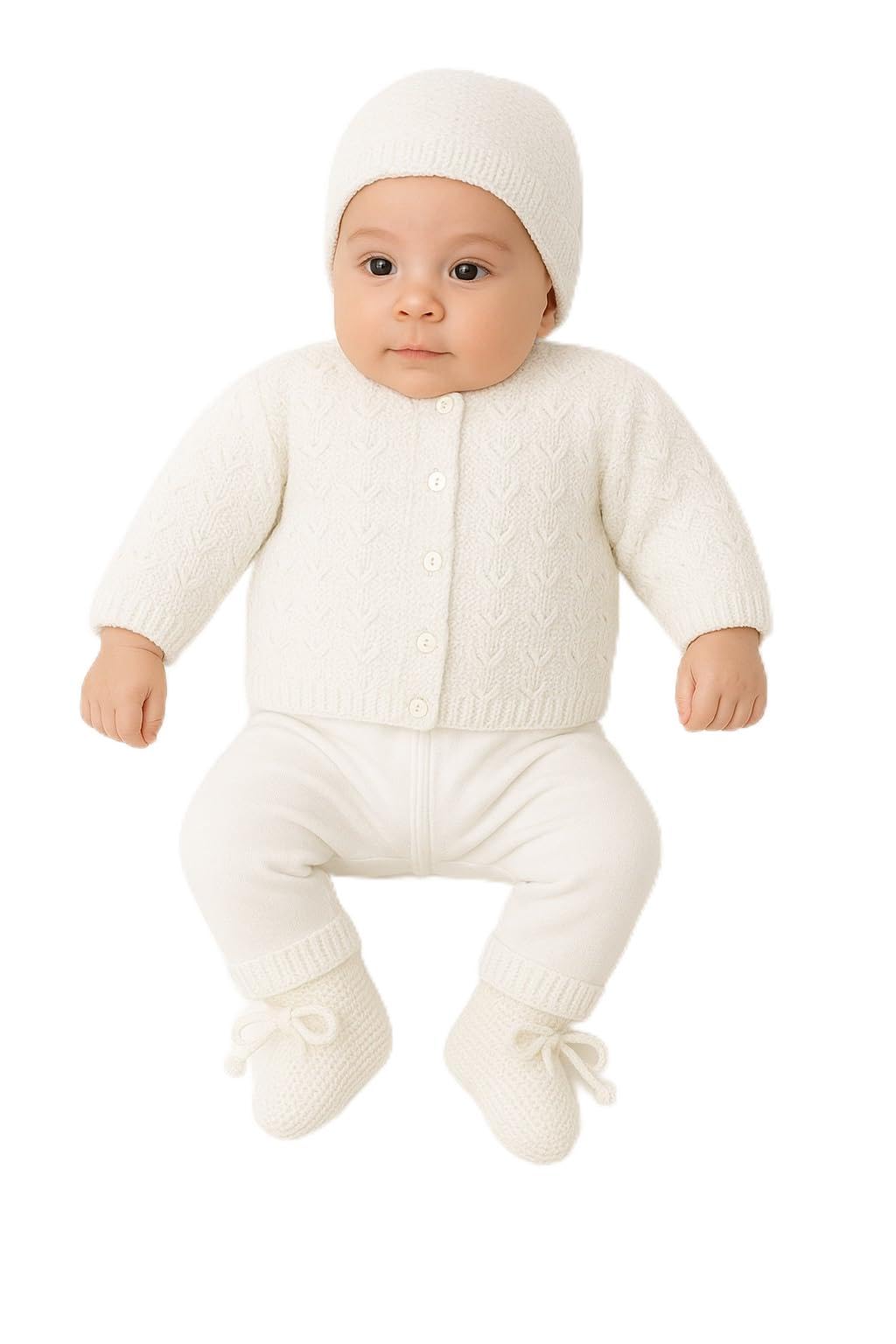 Arcshi Hand-Knitted Baby Wool Sweater Set for Newborn (0-6 Months) | 100% Pure Baby Wool Sweater, Cap & Socks | Soft, Warm & Skin-Friendly Winter Wear for Infants | Unisex Gift Set, Cream Color-image-27