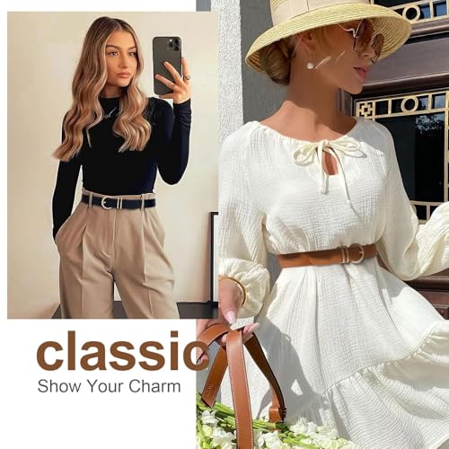 VONMELLI 2 Pack Women's Leather Belts for Jeans Dresses Fashion Gold Buckle Ladies Belt3