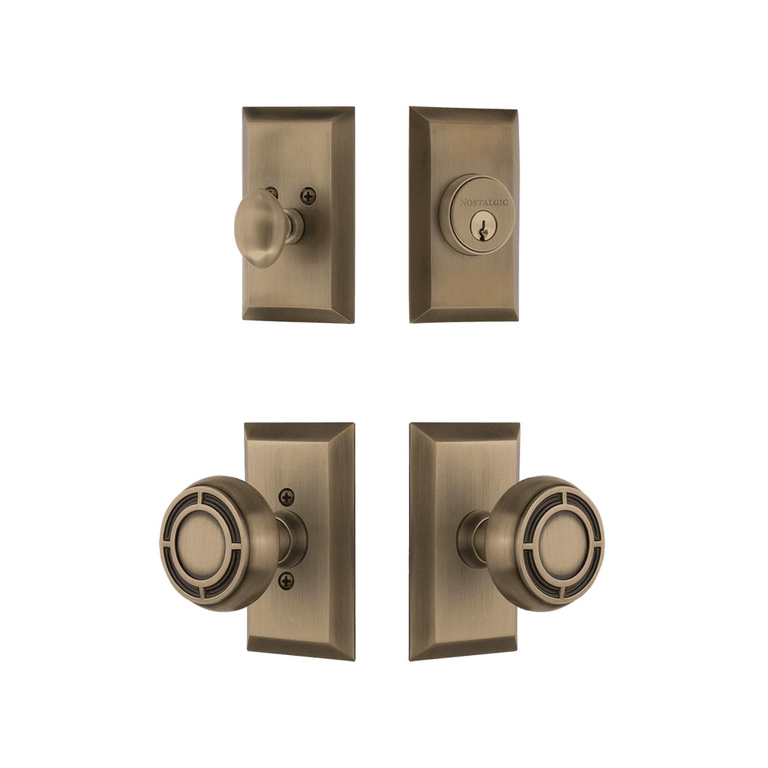 Nostalgic Warehouse Studio Entry Set with Mission Knob in Antique Brass-2 3/8" Backset-Universal Handing