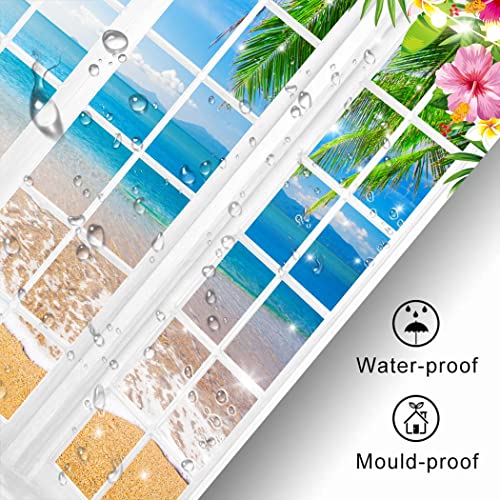 Cyrekud 72" X 72" Summer Ocean Beach Shower Curtain Tropical Palm Tree Beach Bathroom Set Summer Island Seaside Through White Wooden Windows Bath Decor Durable Fabric Machine Washable With 12 Hooks #TOP4