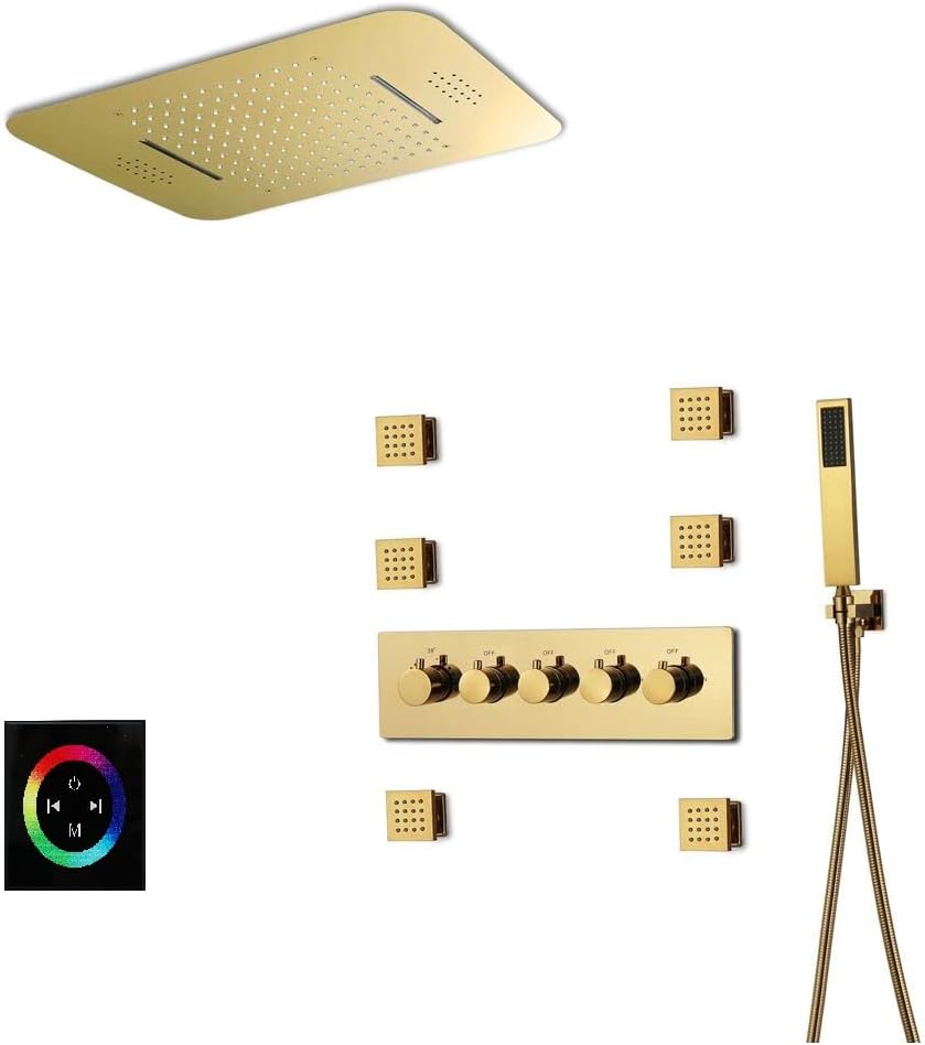 Polished Gold 64-Color LED Lights Bluetooth Music Rainfall Waterfall 23 Inch Shower Head 4 Way Thermostatic Shower System with Body Jets