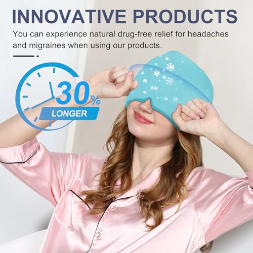 Image of EXQUISLIFE Migraine Headache Relief Cap, Gel Ice Head Wrap, Hot and Cold Therapy, Headache Eyes Mask for Sinus, Puffy Eyes, Tension and Stress Relief (Blue)