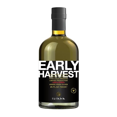 Iliada Aceite de oliva virgen extra de cosecha temprana sin filtrar 25.4 fl oz  Variedad única Koroneiki  100% griego  Prensa en frío  Rico en