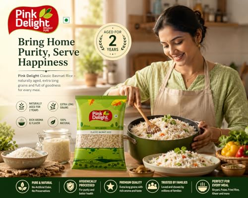 Image of Pink Delight Classic Basmati Rice 800g | 2 Year Naturally Aged Rice | Extra Long Grain Aromatic Biryani Rice | Premium Non Sticky White Rice for Pulao Fried Rice & Daily Meals