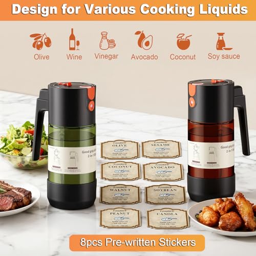 2-IN-1 Oil Sprayer for Cooking with 8 Stickers Light-Blocking Dark Glass Olive Oil Dispenser Bottle for Kitchen 500ml/16.9oz Oil Mister for Air Fryer, BBQ,Salad Even Spray with Portion Control by Fynnsilas - Image 7