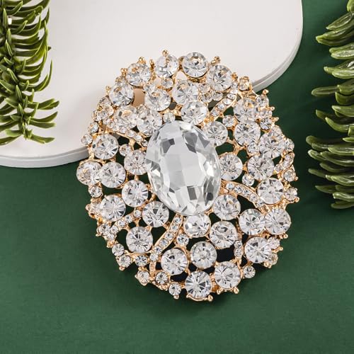 Image of SELOVO Big Large Rhinestone Oval Glitter Brooch Pin Jewelry Accessory Gold Tone
