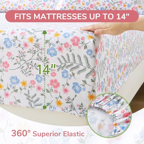 Image of MUXHOMO Queen Size 4 Piece Sheet Set, Soft & Breathable Sheet for Bedroom with Deep Pocket Up to 16 inch, Wrinkle-Free & Cooling Bed Sheet with Flat Sheet, Fitted Sheet & Pillowcases - Colorful Flower