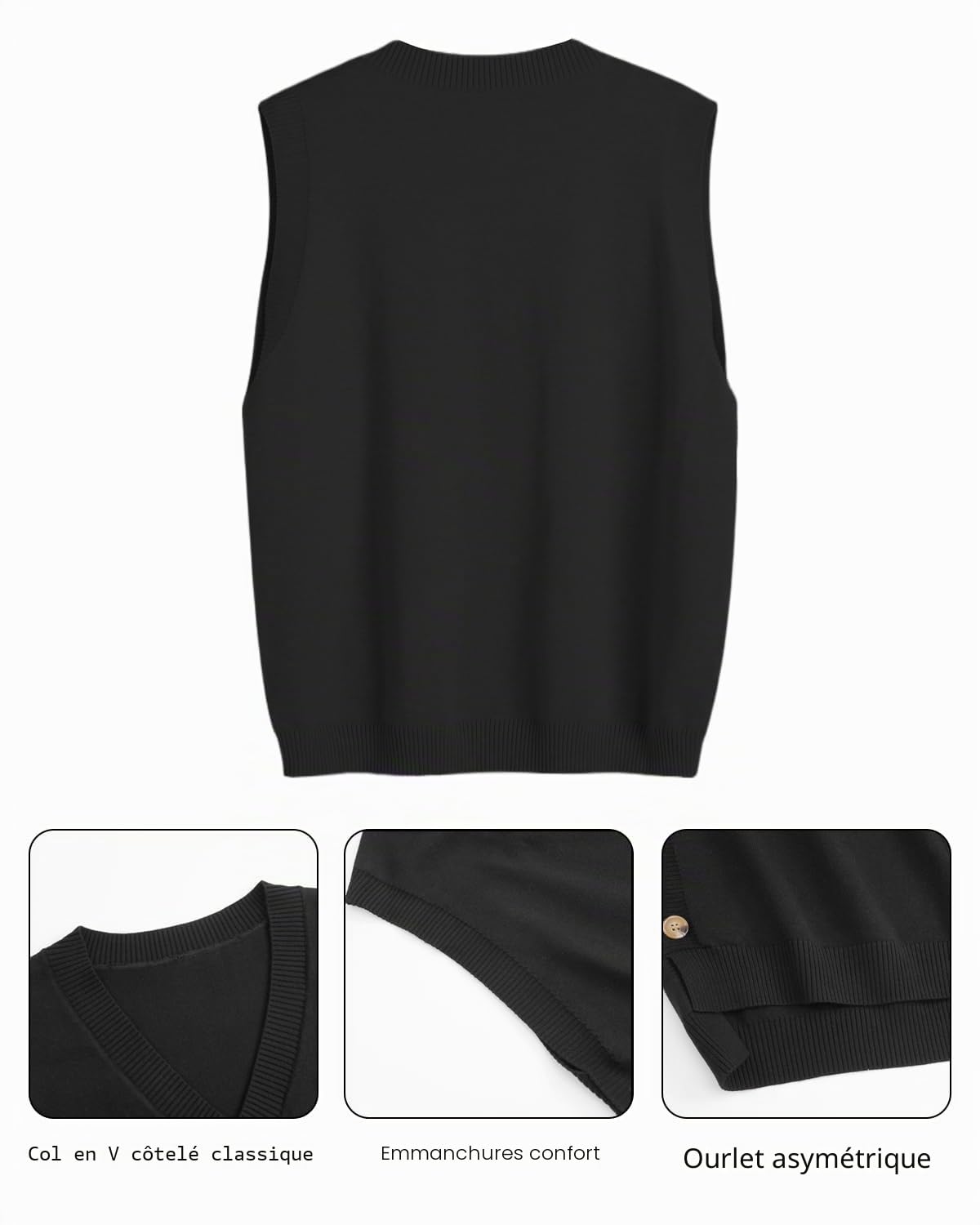 Pull sans manches pour femme avec col en V et boutons latéraux asymétriques