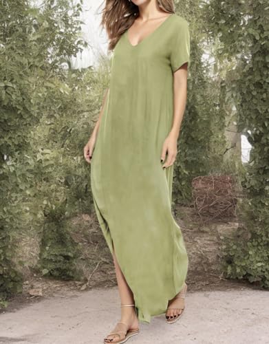 Image of Match Women's V-Neck Casual Loose Short Sleeve Long T-Shirt Dress Split Maxi Dress with Side Pocket