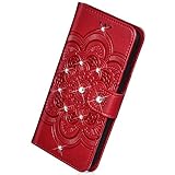 Herbests Kompatibel mit Samsung Galaxy S9 Plus Handyhülle Handytasche Mandala Blumen Muster Leder Hülle Strass Diamant Bling Glitzer Glänzend Schutzhülle Flipcase Hülle Kartenfächer Magnet,Rot
