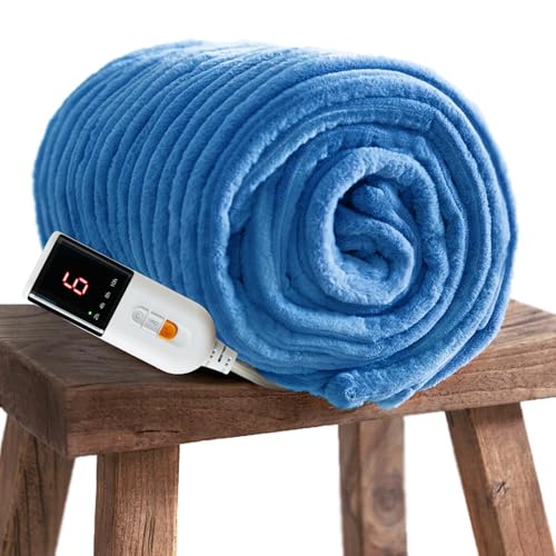 GOTCOZY Heated Blanket Electric Throw - Ribbed Faux Fur Electric Blanket, 130x160cm Heating Blanket with 10 Time Settings & 6 Heat Settings,Overheat Protection Machine Washable(Blue Moon)