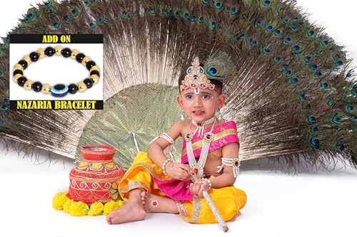 Image of Krishna Dress for Kids, Baby Krishna Dress for Janmashtami with Krishna Mukut, Peacock Feather & Flute Embroidered Krishna Costume for Girl & Boy, 3 Months-8 Years