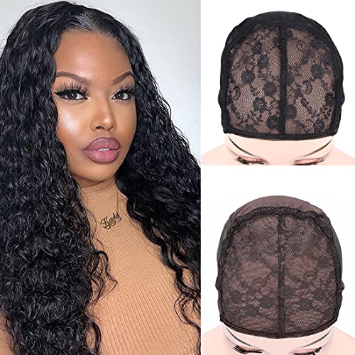 2Pcs Double Lace Wig Cap for making Wigs with Adjustable Straps on the back Swiss Lace Hairnet Ventilated Wig Cap(M,Black) JKELAR