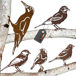 5er Set! Rost Vogel Gartenstecker, Edelrost Deko, Specht, Meise, Amsel & Co. | Geschenk-Garten