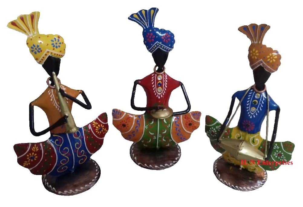 H. N. Enterprises - Indian Handmade Metal Antique Modern Vintage Look 3 Musician Men Table Decor Sculpture Artwork for Home Office (10-Inch, Multicolor)
