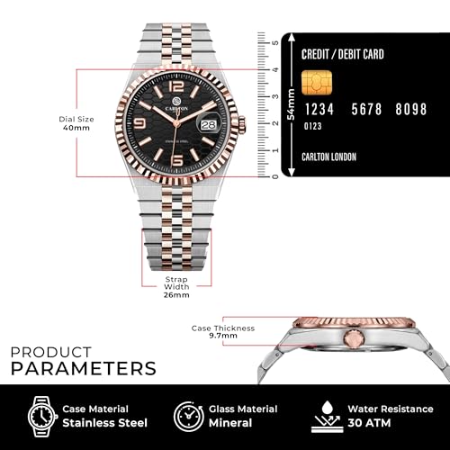 Image of Carlton London Rover Men Analog Watch, Round Dial, Stainless Steel Strap, Quartz Movement, 40 mm Case, Premium Wide Strap Design, 30M Water Resistant, Casual Formal Wear