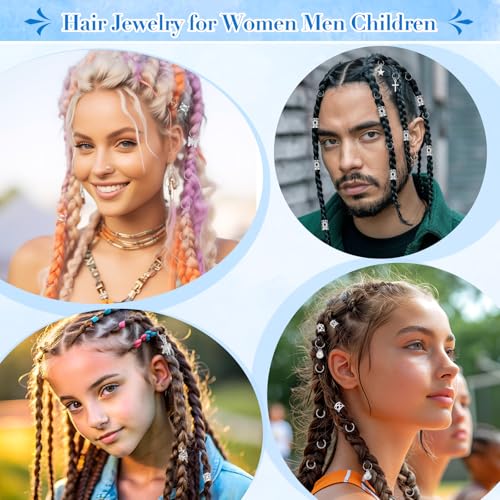 255 PCS Silver Hair Jewelry for Braids, 38 Styles Loc Jewelry Hair Charms for Women Men, Metal Silver Hair Cuffs Rings Clips for Dreadlock Accessories Hair Braids Jewelry Decorations(Silver)