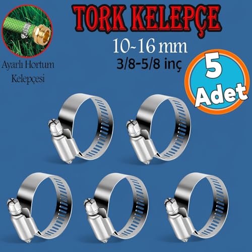 5 Adet Hortum Kelepçesi Tork Ayarlı 10x16 mm Paslanmaz Çelik Boru Metal Kelepçe Ayarlanabilir Klips