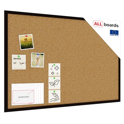 ALLboards Tableau en Liège avec Cadre en Bois Noir 90x60cm, Tableau d'Affichage Liège, Tableau pour Épingles