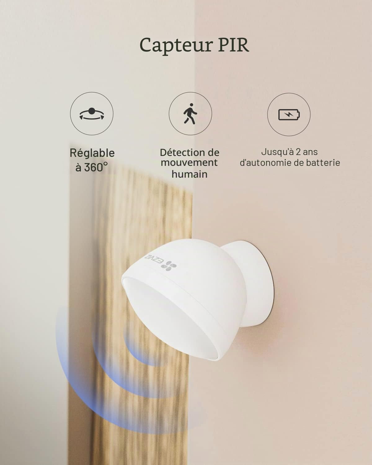 EZVIZ T1C Détecteur de Mouvement, Réglable à 360°, Détection des mouvements Humains, Autonomie de 2 Ans, Compatible EZVIZ Home Alarm, il Faut Fonctionne avec Le Centrale A3