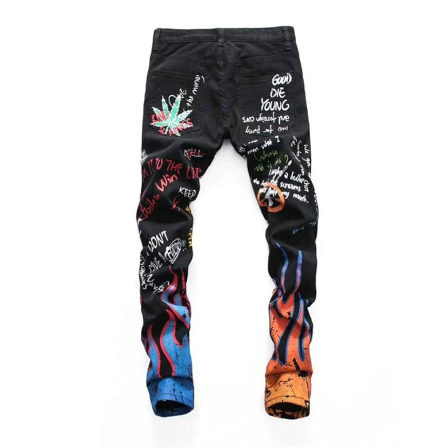 Fashion Streetwear Men Jeans Black Color Paint Printed Jeans