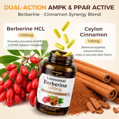 GREENPEOPLE Liposomal Berberine Supplement with Ceylon Cinnamon - Berberine HCL 1300mg 10X High Absorption - AMPK & PPAR Activator for Metabolic & Digestive & Immune Balance - Non-GMO 90 Veg Capsules — view 2