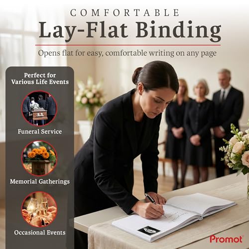 Image of Promot Funeral Guest Book for Memorial Service- Guest Book for Funeral Celebration of Life Decorations, in Loving Memory Guestbook Set with Wide-Ruled Pages, Custom Gold Foil Embossed Text (White)