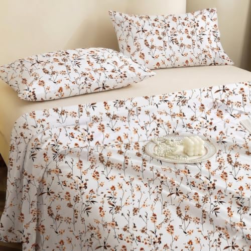 Image of IVAZA 240 TC Soft Ezyption Cotton Floral Print King Size Bedsheet - with 2 Pillow Covers, Hypoallergenic, Brethable, (Size- 90 x 90 Inch) Rust Orange