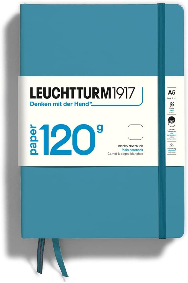 LEUCHTTURM1917 364427 Notebook Medium (A5), Edition 120, Hardcover, 203 Numbered Pages, Nordic Blue, Plain with 120g/sqm Paper