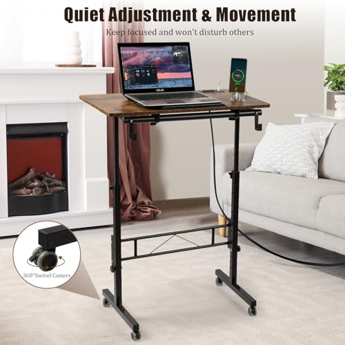 Image of SIDUCAL Standing Desk Height Adjustable with Tiltable Tabletop, Rolling Laptop Desk with Charging Station, Sit Stand Portable Stand Up Desk with Wheels, Rustic Brown