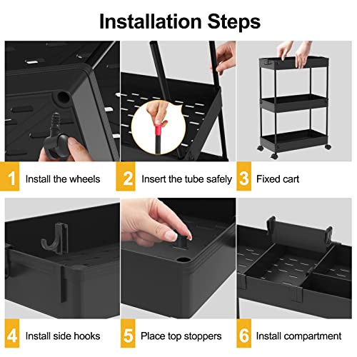 Image of SPACELEAD 4 Tier Rolling Cart with Wheels, Storage Craft Art Trolley Organizer Serving, 3 Hanging Baskets Easy Assembly, for Office, Living Room, Kitchen