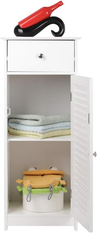 Bathroom Floor Cabinet Storage ,Collection Floor Cabinet with One Door and One Drawer，Organizer Set with Drawer and Single Shutter Door Wooden ,Adjustable Shelves,Pantry cabinets，Small cabinet，White