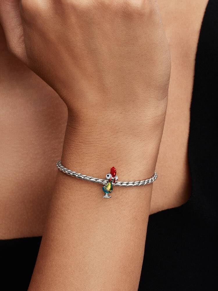 Disney Moana Heihei Sterling Silver Charm with White and Black Murano Glass, Red, Blue and Shimmering Green Enamel