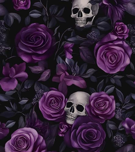 Laatse Gothic Dark Purple Skull Floral Wallpaper Peel and Stick 17.5x393