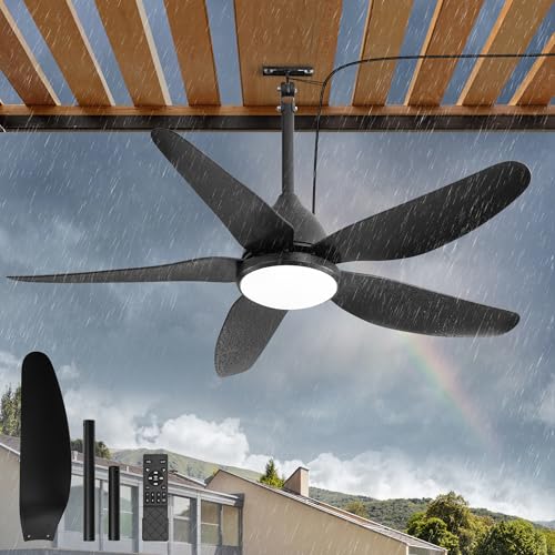 Glowivia 46" Outdoor Ceiling Fan with Lights, IP65 Waterproof Gazebo Fan with Remote Control 6-Speeds DC Motor, Black Plug in Hanging Fan for Patio Porch Pergola
