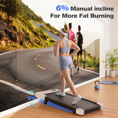Image of Walking Pad with 6% Incline, 300LBS Capacity Under Desk Treadmill for Home Office, Quiet Portable Mini Treadmill with App & Remote Control,No Assembly,Slim Design for Small Spaces(BA09&White)