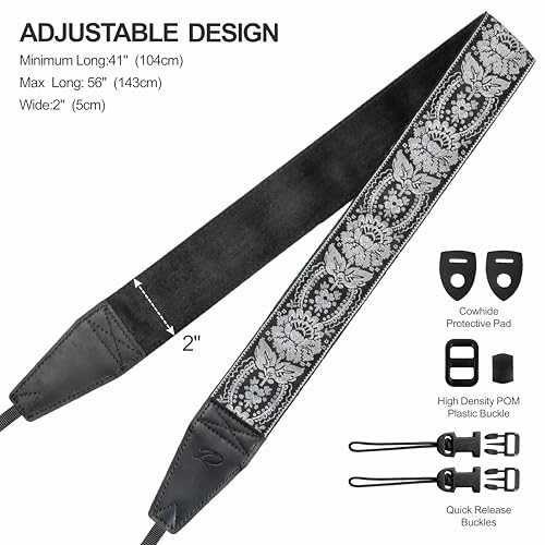 Image of Padwa Lifestyle Gray Flower Camera Strap - 2 inch Full Grain Leather Ends Camera Straps for Photographers, Vintage Embroidered Cotton Weave Soft Suede Fabric Padded Strap Quick Release fits All Cameras