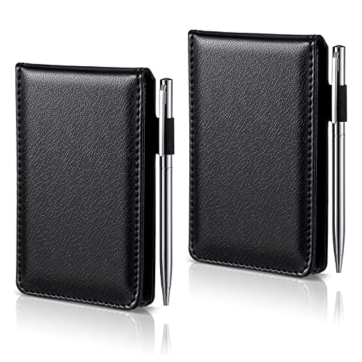 Chinco 2 Pieces Pocket Notapad Small Notebook Memo Pads Hardcover Mini Journal Notepad with Refillable Lined Sheet and Ballpiont Pen for Home School Office Travel Journals，5.4 x 3.4 Inch (Black)