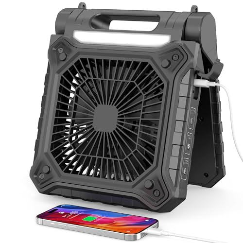 Solar Fan with LED Lantern - Battery Powered with Solar Panel, 90&deg; Adjust, 3 Speed & Timer, 20Hrs...