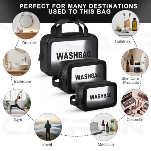 Image of CATRON Makeup PVC Water-Resistant Cosmetic Bag Set 3 Wash Bag Pouch for Multifunctional Travel Kit Toiletry Bag Portable Organizer Case Carry Pouch for Women Bathroom Set (Black)