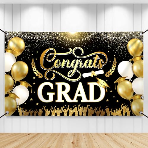 Image of Congrats Grad Banner - 72x44 Inch, Congratulations Banner Class of 2026, Black and Gold Graduation Decorations 2026 Graduation Banner for Graduation Party Decorations, Graduation Backdrop, KatchOn