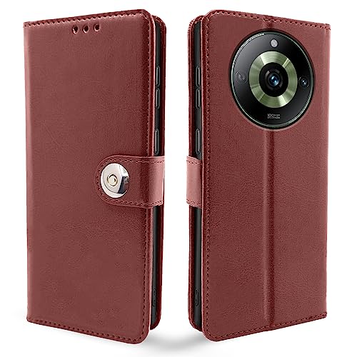 Image of Pikkme Realme 11 Pro / 11 Pro Plus 5G / Narzo 60 Pro 5G Flip Cover Leather Finish | Inside TPU with Card Pockets | Wallet Stand and Shock Proof | Complete Protection Button Flip Case (Brown)