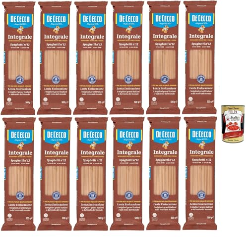 De Cecco Integrale Spaghetti n°12, pasta de trigo duro completa 12 x 500 g - secado lento, textura firme, cocción 12 min (al diente 10 min) - Fabricado en Italia + Italian Gourmet Polpa 400 g
