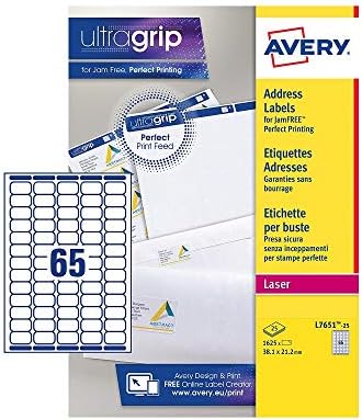 Avery Self Adhesive Mini Organising Return Address Labels, Laser Printers, 65 Labels per A4 sheet, 1625 labels, UltraGrip (L7651), white