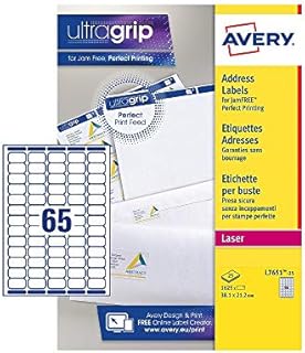 Avery Self Adhesive Mini Organising Return Address Labels, Laser Printers, 65 Labels per A4 sheet, 1625 labels, UltraGrip (L7651), white